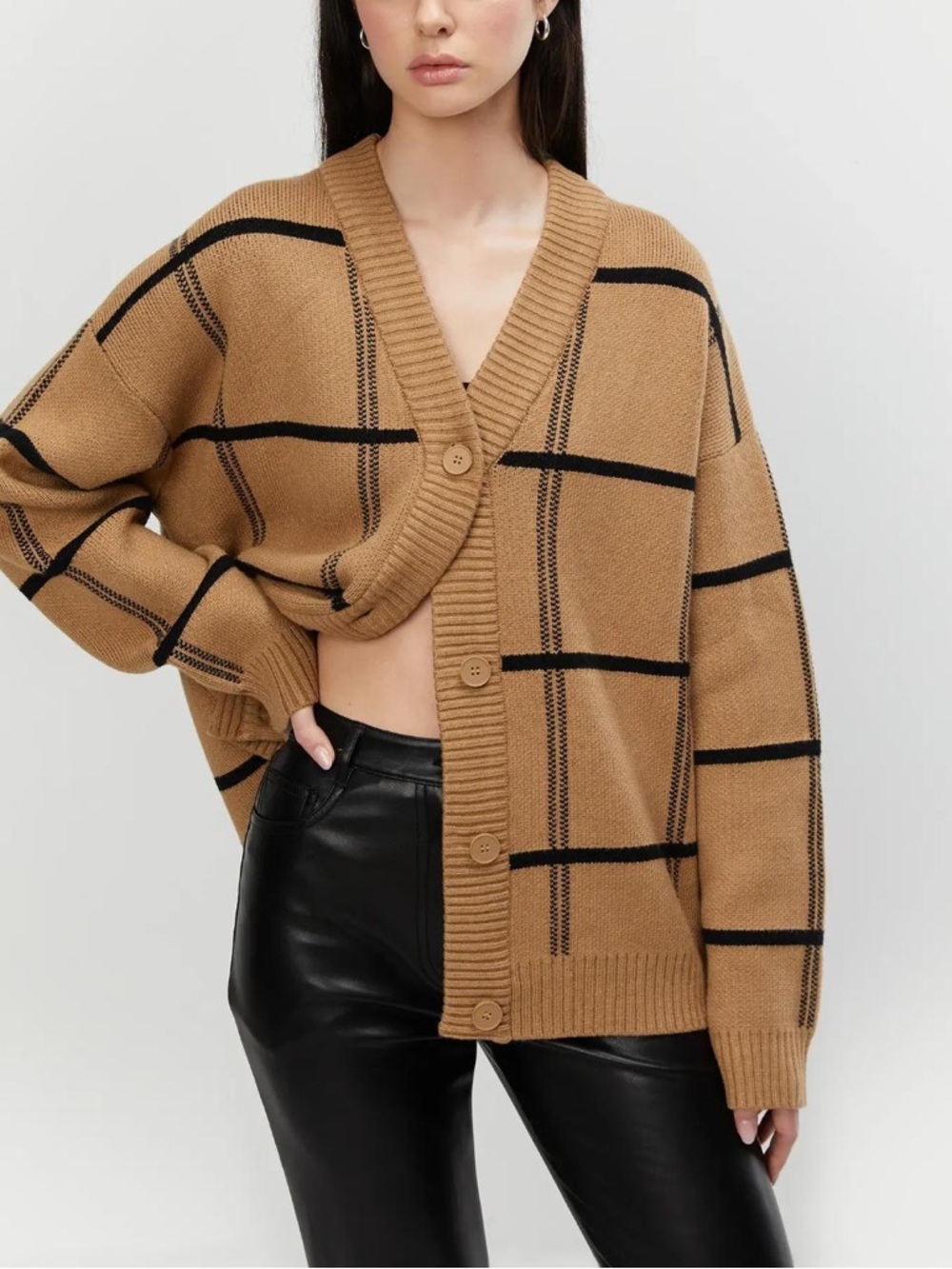 OAK + FORT Camel Windowpane Button Cardigan - Picture 2 of 4